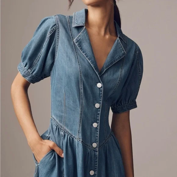 NWT Anthropologie Pilcro Short Sleeve Denim Button-Up Midi Shirt Dress - Picture 2 of 11